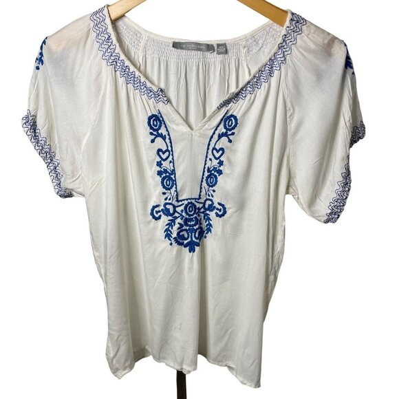 NY Collection White Embroidered Short Sleeved Boho Cotton Blouse Top Sz SP - Picture 1 of 11